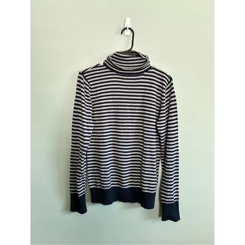 L.L. Bean Womens Cotton Cashmere Blend Navy Grey Stripe Turtle Neck Sweater Sz S
